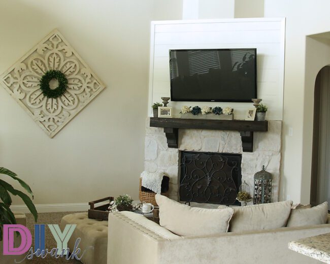 White Stone Fireplace with Shiplap