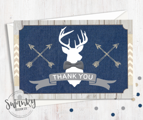 Deer Antler Thank You Note Baby Shower Birthday Party Deer Antler Thank You Card Teal Mint Gray Editable Template #953 Tribal Rustic